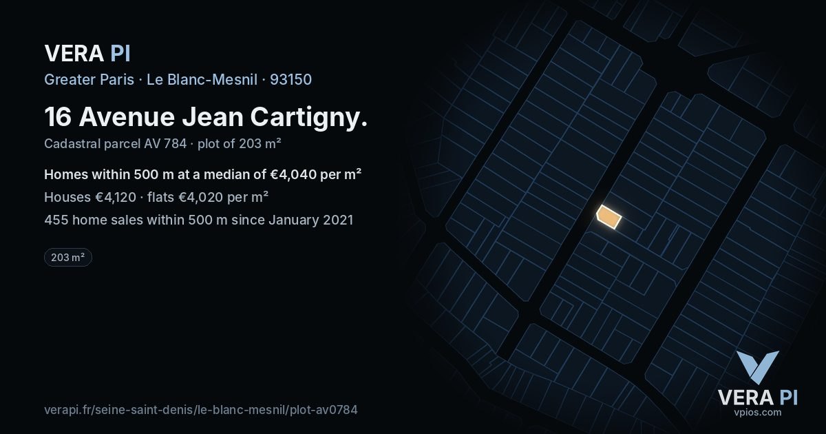16 Avenue Jean Cartigny, Le Blanc-Mesnil at night – the plot lit, the parcels around coloured by the prices near them