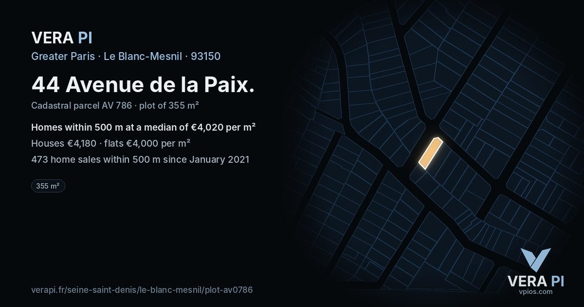 44 Avenue de la Paix, Le Blanc-Mesnil at night – the plot lit, the parcels around coloured by the prices near them