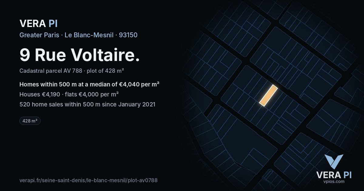 9 Rue Voltaire, Le Blanc-Mesnil at night – the plot lit, the parcels around coloured by the prices near them