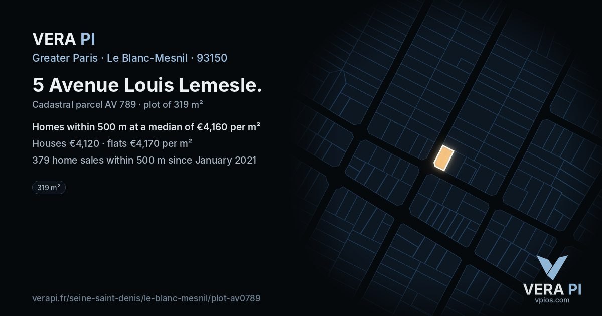 5 Avenue Louis Lemesle, Le Blanc-Mesnil at night – the plot lit, the parcels around coloured by the prices near them