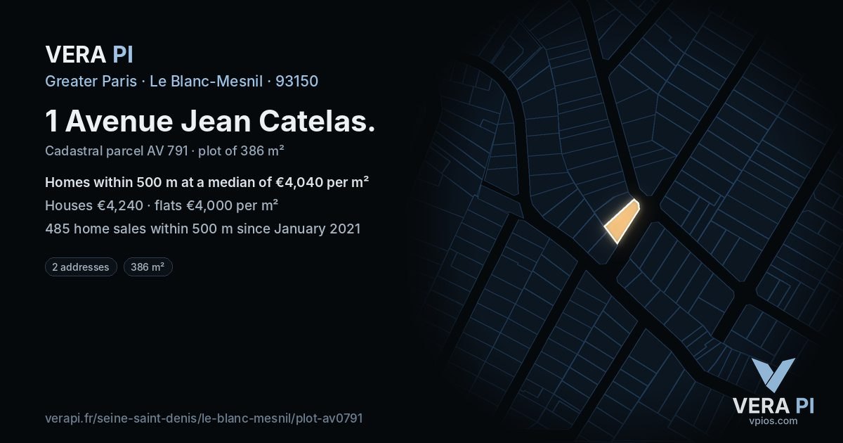 1 Avenue Jean Catelas, Le Blanc-Mesnil at night – the plot lit, the parcels around coloured by the prices near them