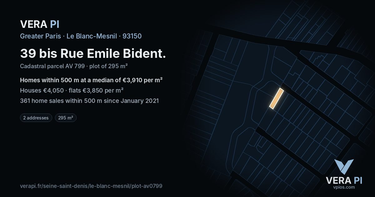 39 bis Rue Emile Bident, Le Blanc-Mesnil at night – the plot lit, the parcels around coloured by the prices near them