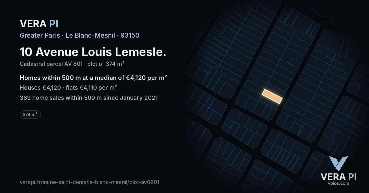 10 Avenue Louis Lemesle, Le Blanc-Mesnil at night – the plot lit, the parcels around coloured by the prices near them