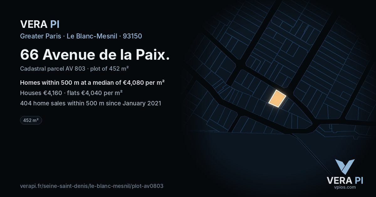 66 Avenue de la Paix, Le Blanc-Mesnil at night – the plot lit, the parcels around coloured by the prices near them