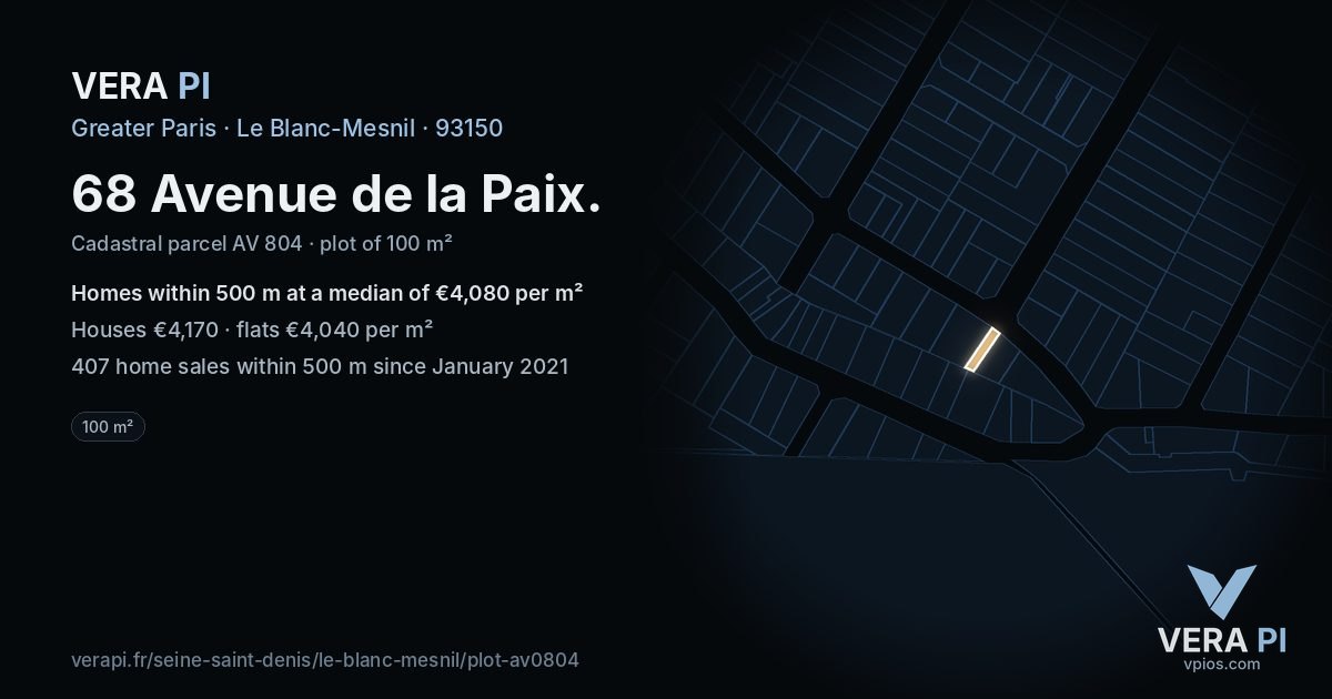 68 Avenue de la Paix, Le Blanc-Mesnil at night – the plot lit, the parcels around coloured by the prices near them