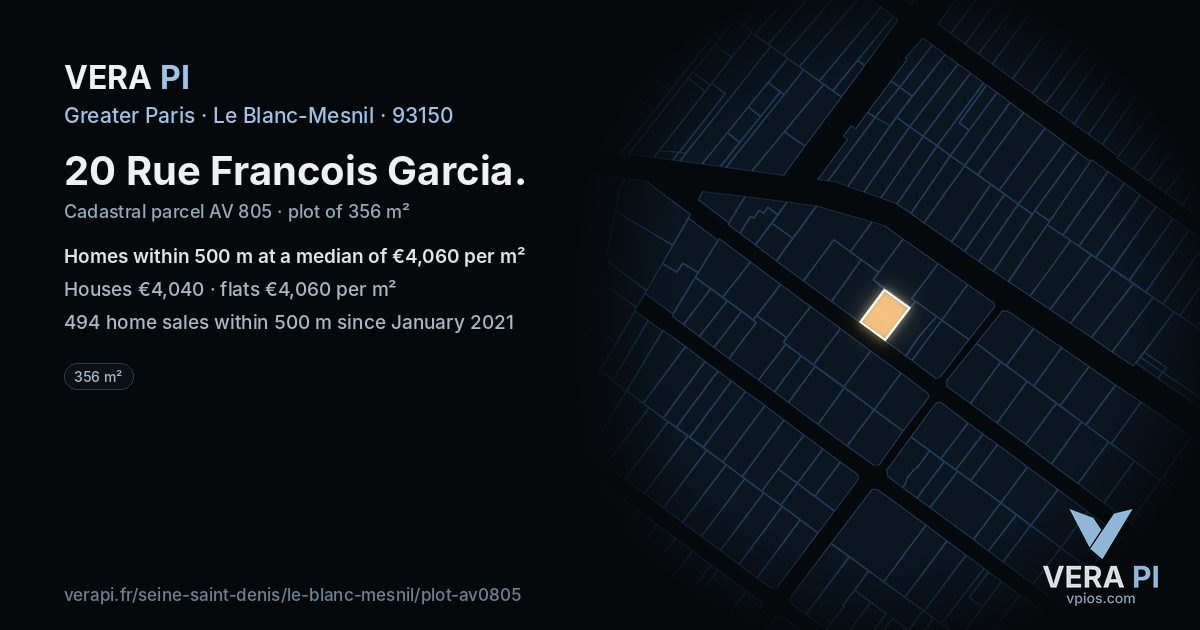20 Rue Francois Garcia, Le Blanc-Mesnil at night – the plot lit, the parcels around coloured by the prices near them