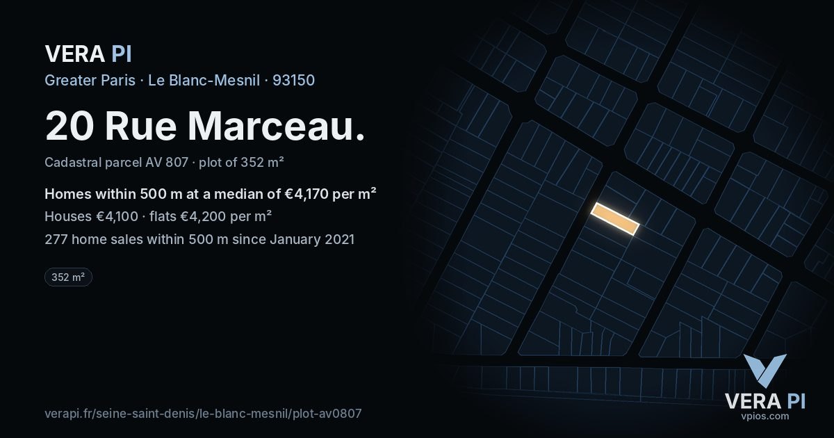 20 Rue Marceau, Le Blanc-Mesnil at night – the plot lit, the parcels around coloured by the prices near them