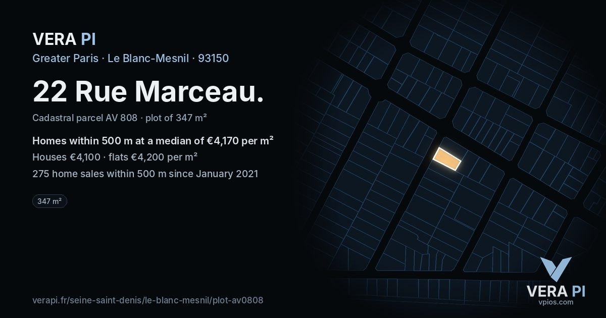 22 Rue Marceau, Le Blanc-Mesnil at night – the plot lit, the parcels around coloured by the prices near them