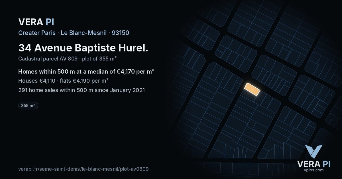 34 Avenue Baptiste Hurel, Le Blanc-Mesnil at night – the plot lit, the parcels around coloured by the prices near them