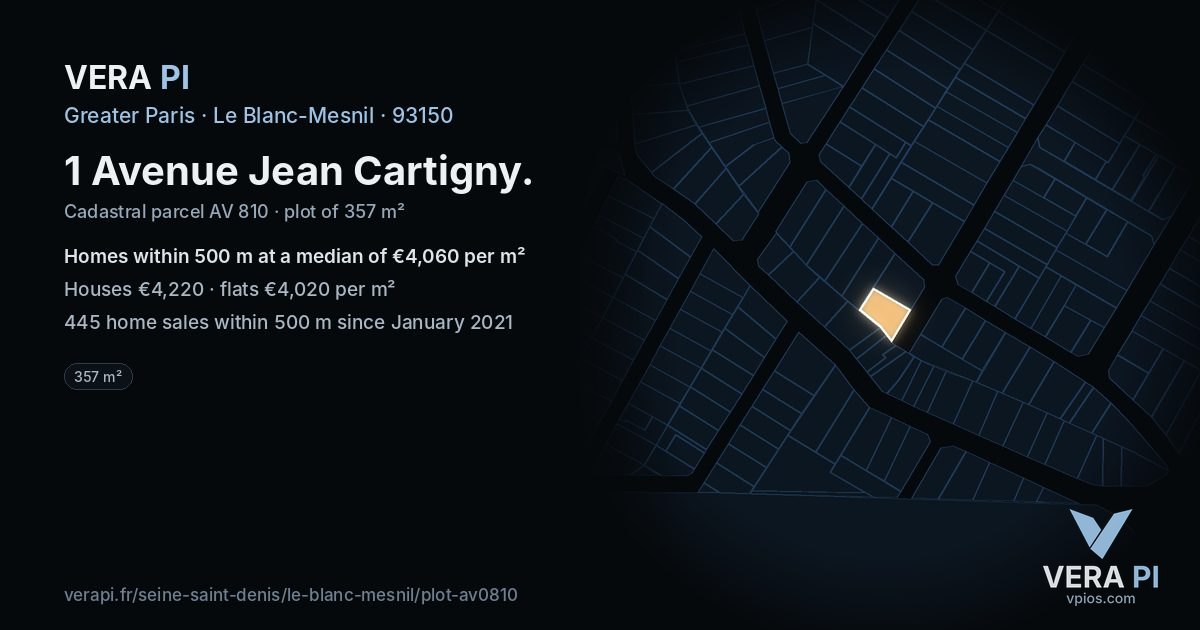 1 Avenue Jean Cartigny, Le Blanc-Mesnil at night – the plot lit, the parcels around coloured by the prices near them