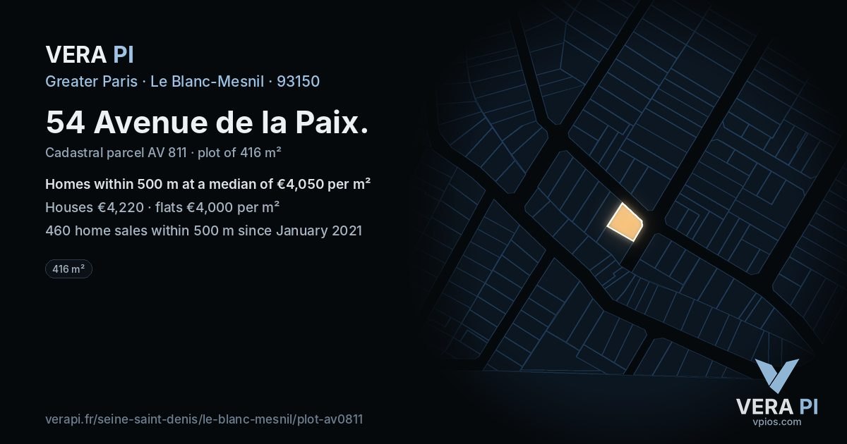 54 Avenue de la Paix, Le Blanc-Mesnil at night – the plot lit, the parcels around coloured by the prices near them