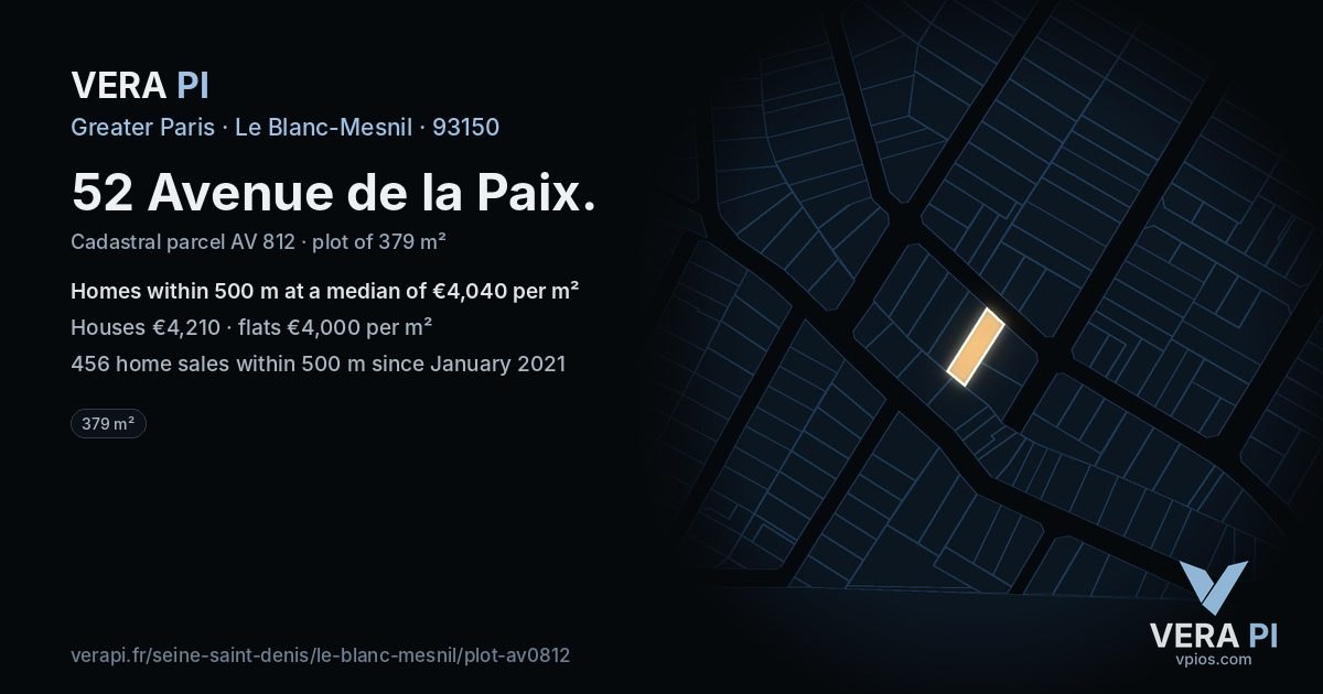 52 Avenue de la Paix, Le Blanc-Mesnil at night – the plot lit, the parcels around coloured by the prices near them