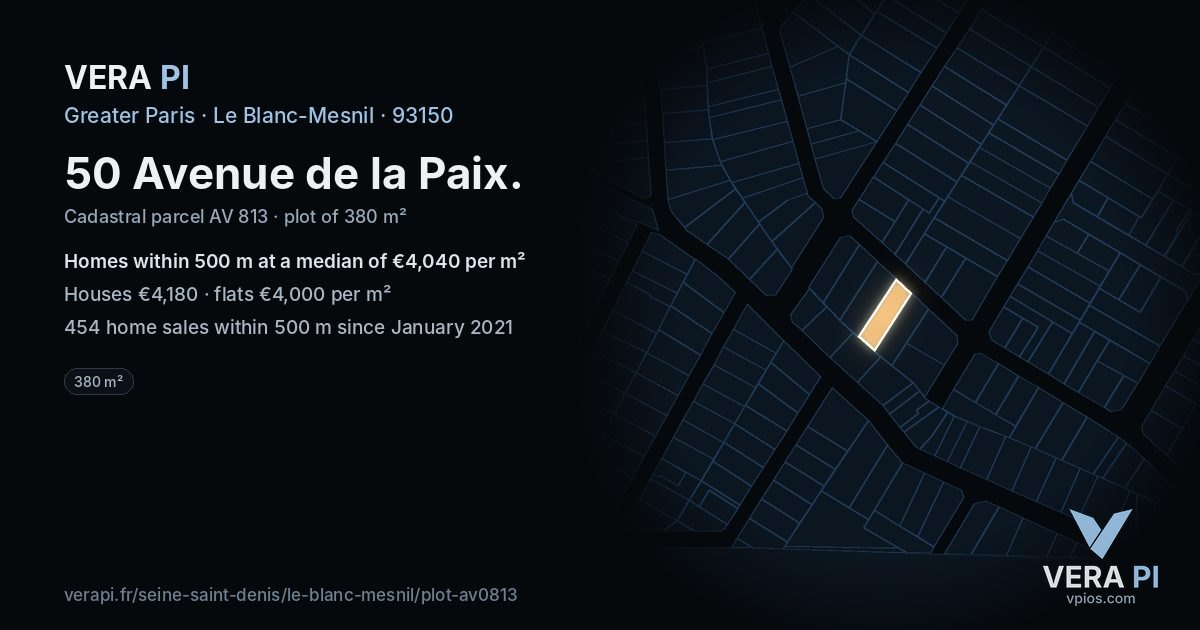 50 Avenue de la Paix, Le Blanc-Mesnil at night – the plot lit, the parcels around coloured by the prices near them