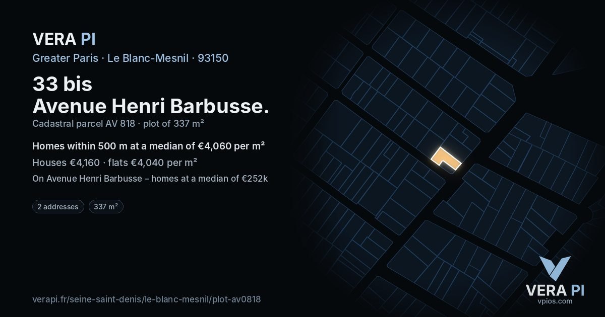 33 bis Avenue Henri Barbusse, Le Blanc-Mesnil at night – the plot lit, the parcels around coloured by the prices near them