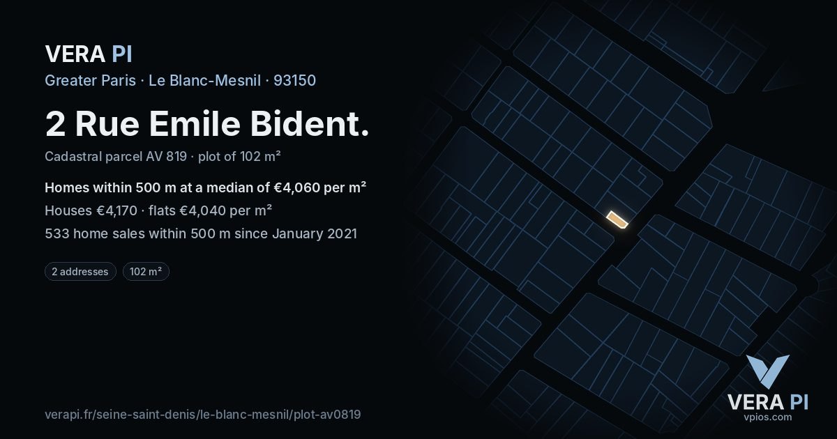 2 Rue Emile Bident, Le Blanc-Mesnil at night – the plot lit, the parcels around coloured by the prices near them