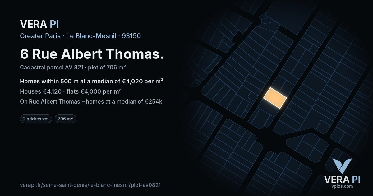 6 Rue Albert Thomas, Le Blanc-Mesnil at night – the plot lit, the parcels around coloured by the prices near them