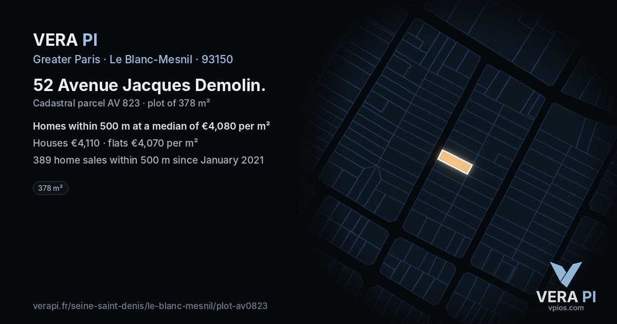 52 Avenue Jacques Demolin, Le Blanc-Mesnil at night – the plot lit, the parcels around coloured by the prices near them