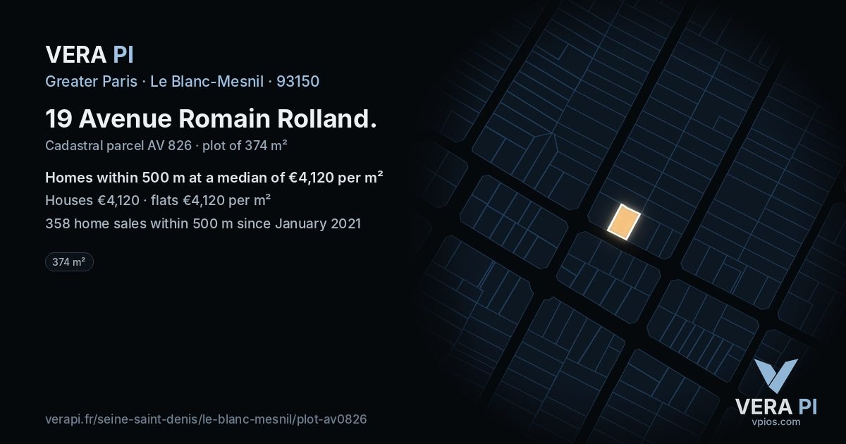 19 Avenue Romain Rolland, Le Blanc-Mesnil at night – the plot lit, the parcels around coloured by the prices near them