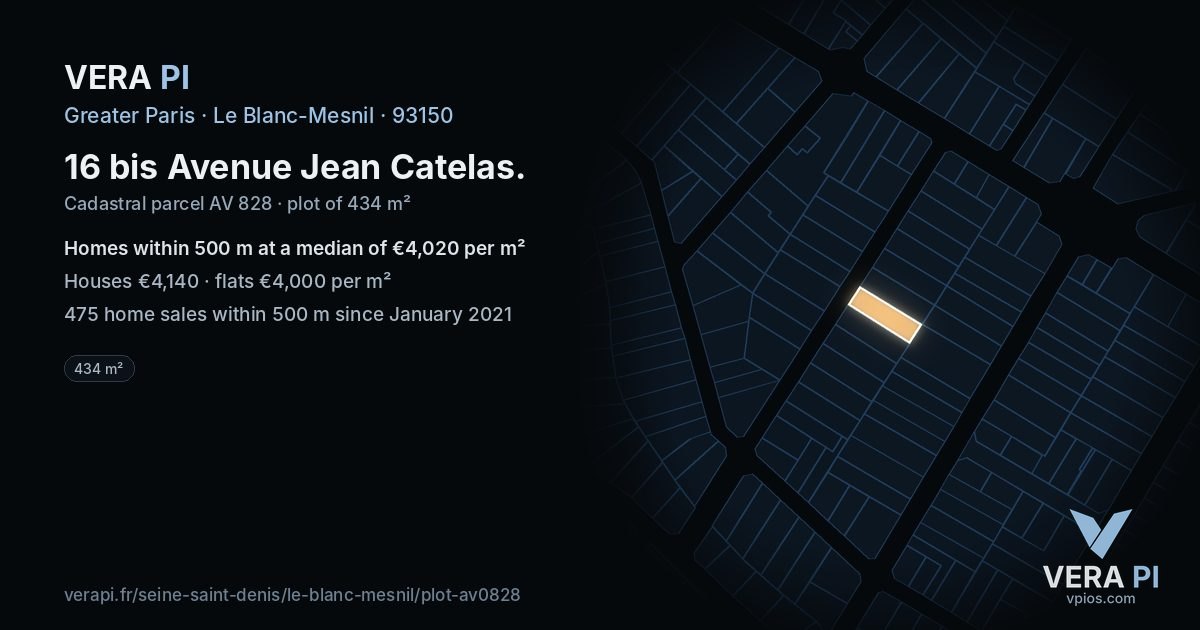 16 bis Avenue Jean Catelas, Le Blanc-Mesnil at night – the plot lit, the parcels around coloured by the prices near them