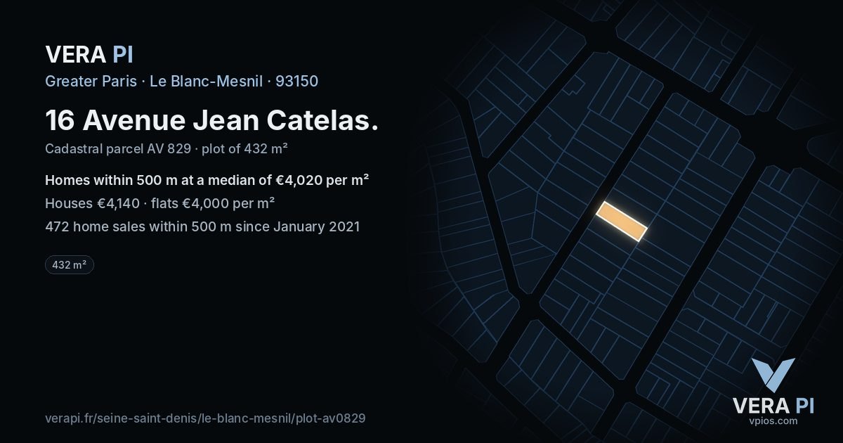 16 Avenue Jean Catelas, Le Blanc-Mesnil at night – the plot lit, the parcels around coloured by the prices near them