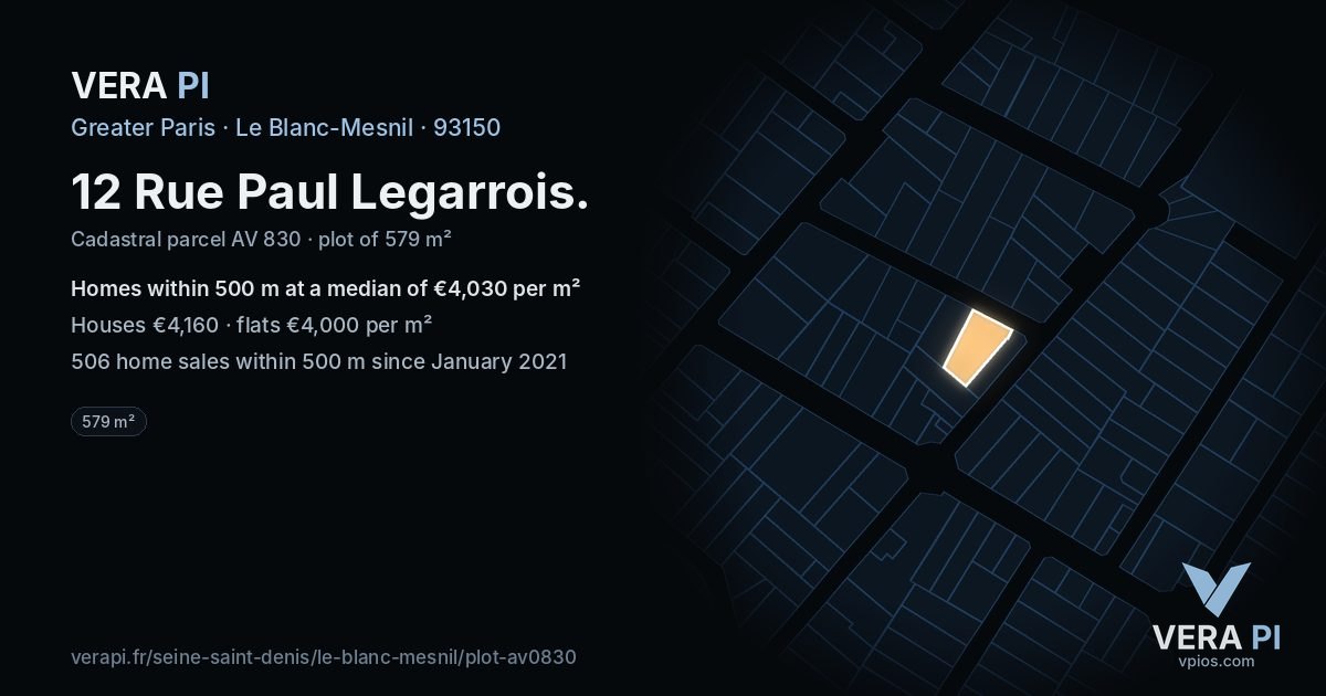 12 Rue Paul Legarrois, Le Blanc-Mesnil at night – the plot lit, the parcels around coloured by the prices near them