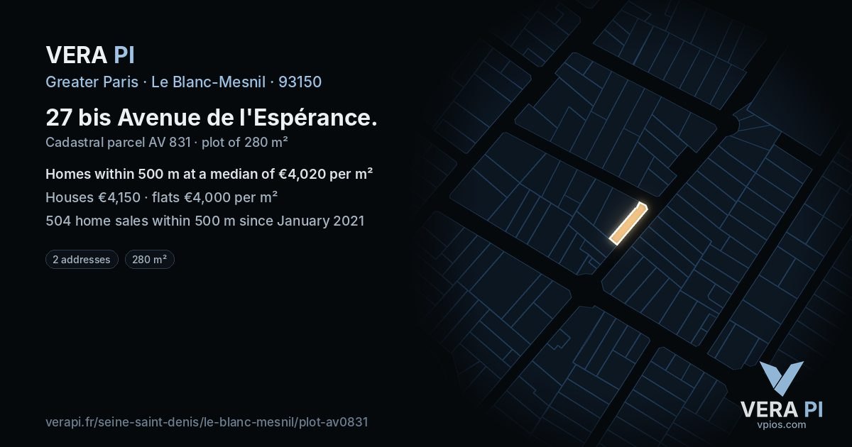 27 bis Avenue de l'Espérance, Le Blanc-Mesnil at night – the plot lit, the parcels around coloured by the prices near them