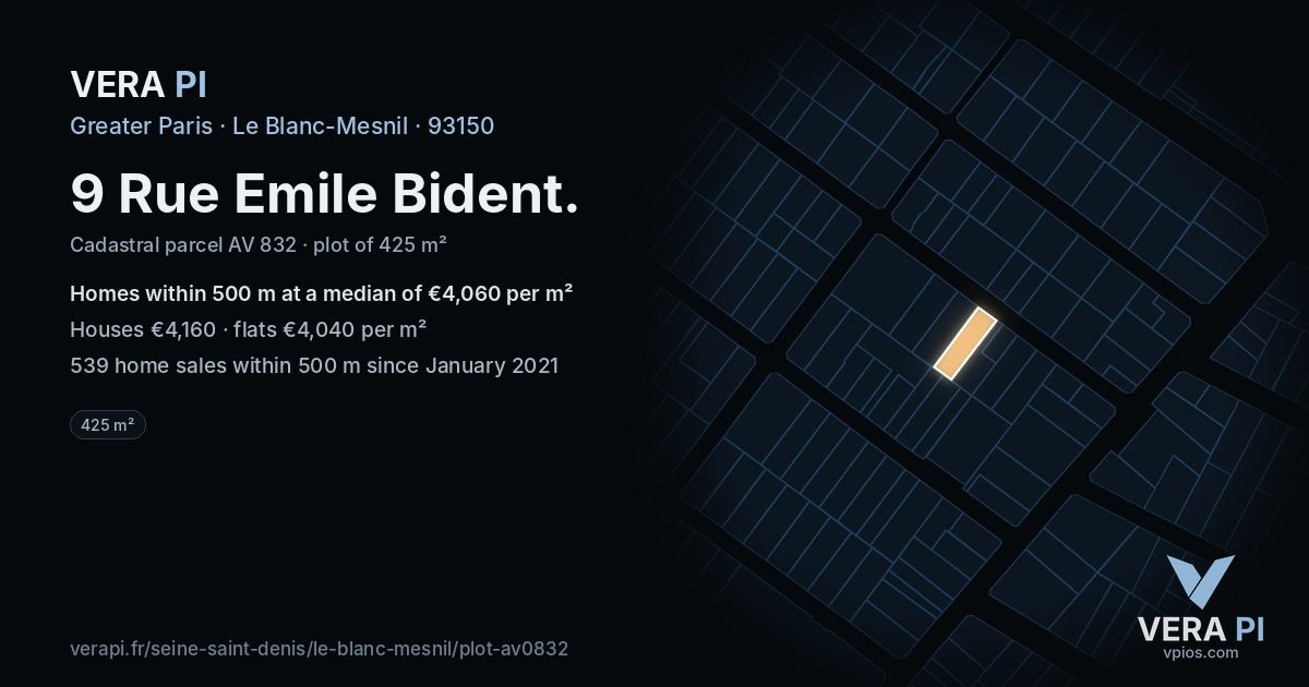 9 Rue Emile Bident, Le Blanc-Mesnil at night – the plot lit, the parcels around coloured by the prices near them