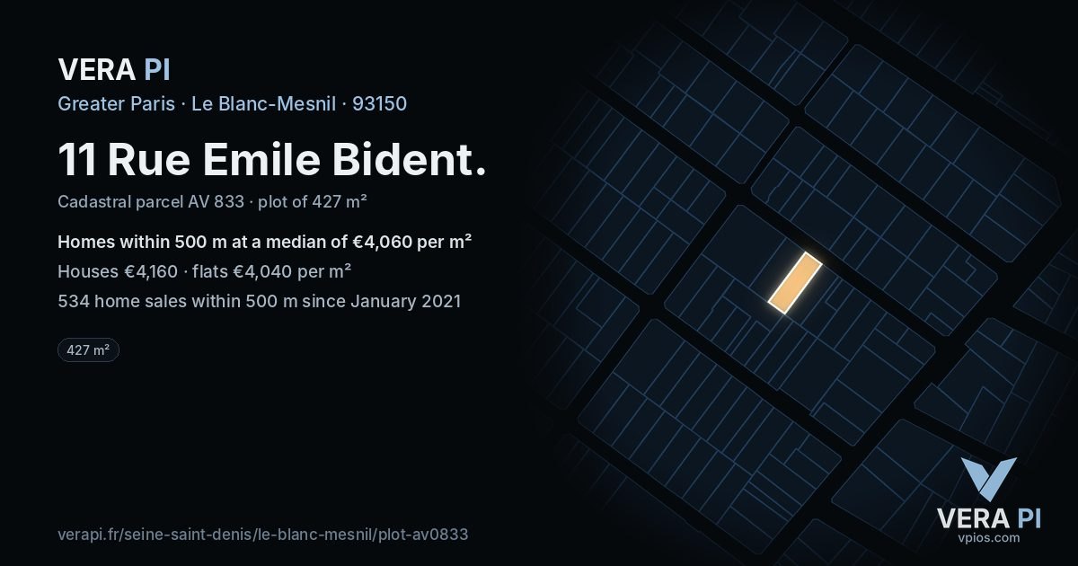 11 Rue Emile Bident, Le Blanc-Mesnil at night – the plot lit, the parcels around coloured by the prices near them