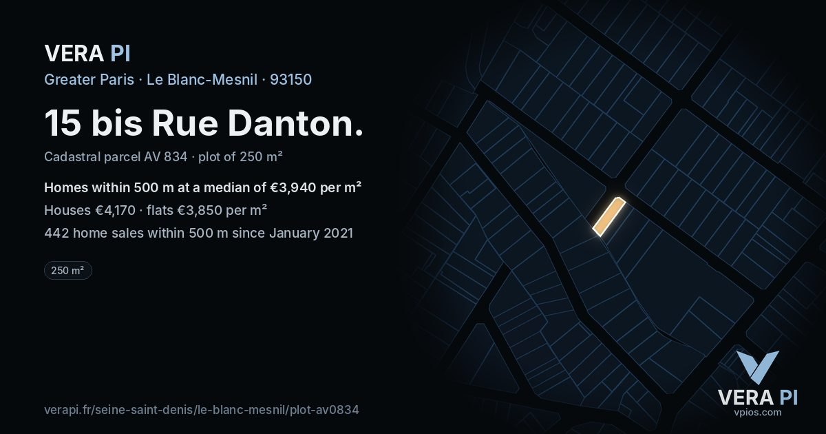 15 bis Rue Danton, Le Blanc-Mesnil at night – the plot lit, the parcels around coloured by the prices near them