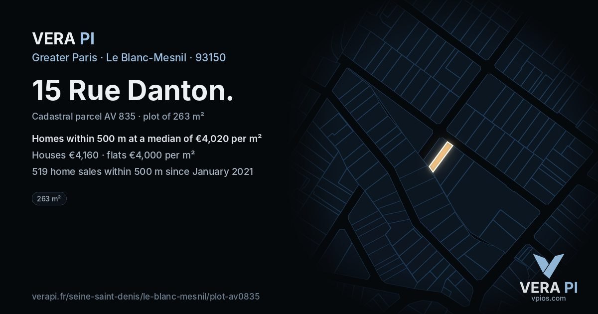 15 Rue Danton, Le Blanc-Mesnil at night – the plot lit, the parcels around coloured by the prices near them