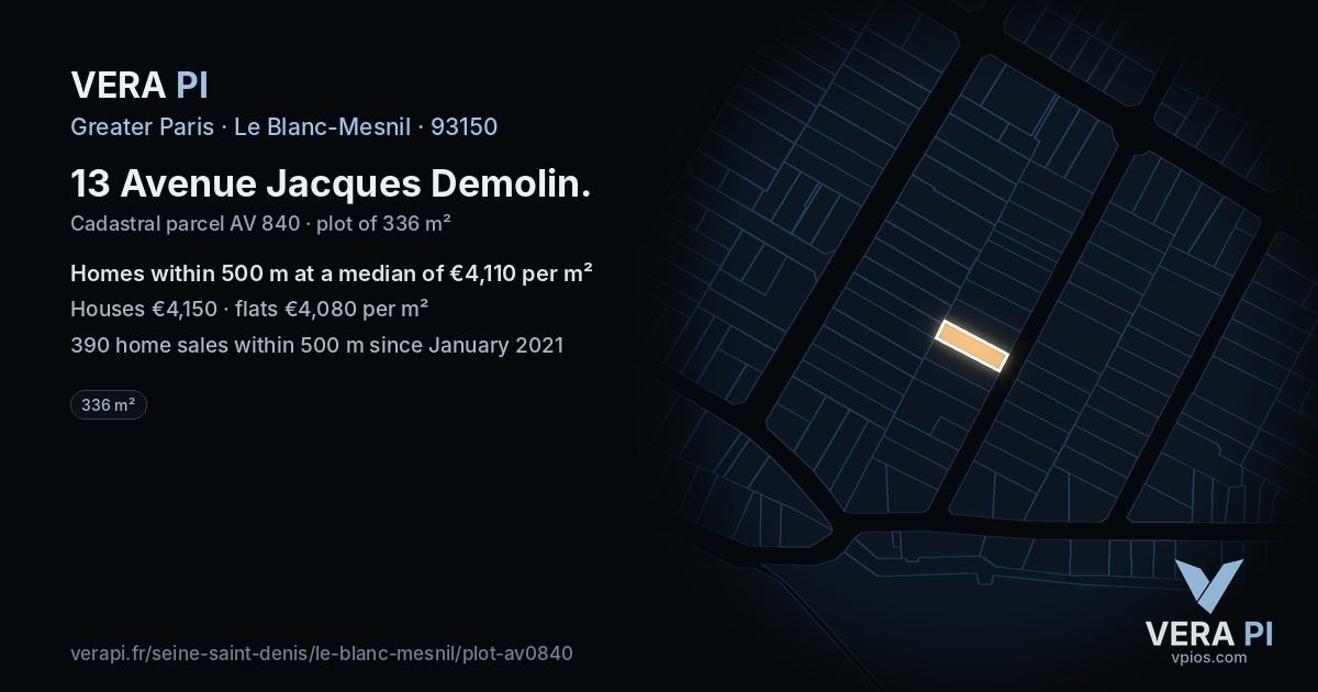 13 Avenue Jacques Demolin, Le Blanc-Mesnil at night – the plot lit, the parcels around coloured by the prices near them