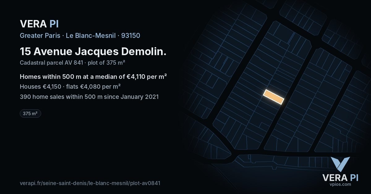 15 Avenue Jacques Demolin, Le Blanc-Mesnil at night – the plot lit, the parcels around coloured by the prices near them