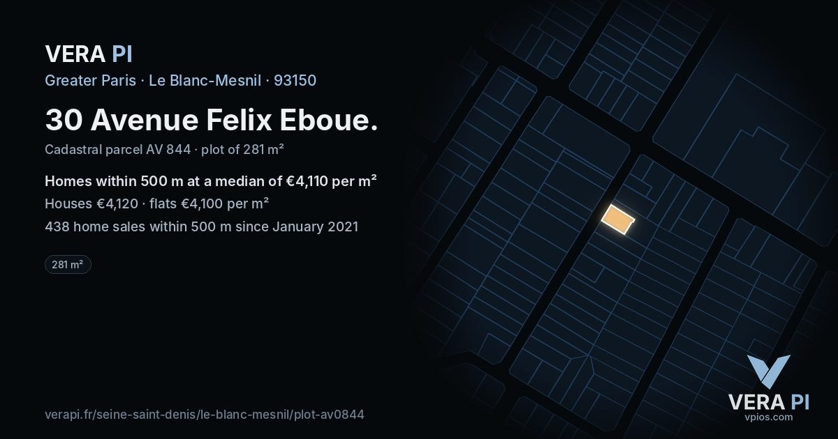 30 Avenue Felix Eboue, Le Blanc-Mesnil at night – the plot lit, the parcels around coloured by the prices near them
