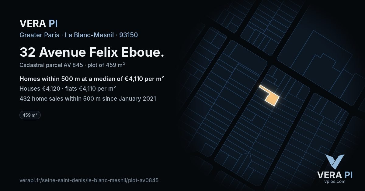 32 Avenue Felix Eboue, Le Blanc-Mesnil at night – the plot lit, the parcels around coloured by the prices near them