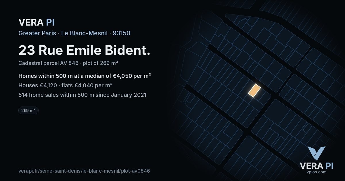 23 Rue Emile Bident, Le Blanc-Mesnil at night – the plot lit, the parcels around coloured by the prices near them