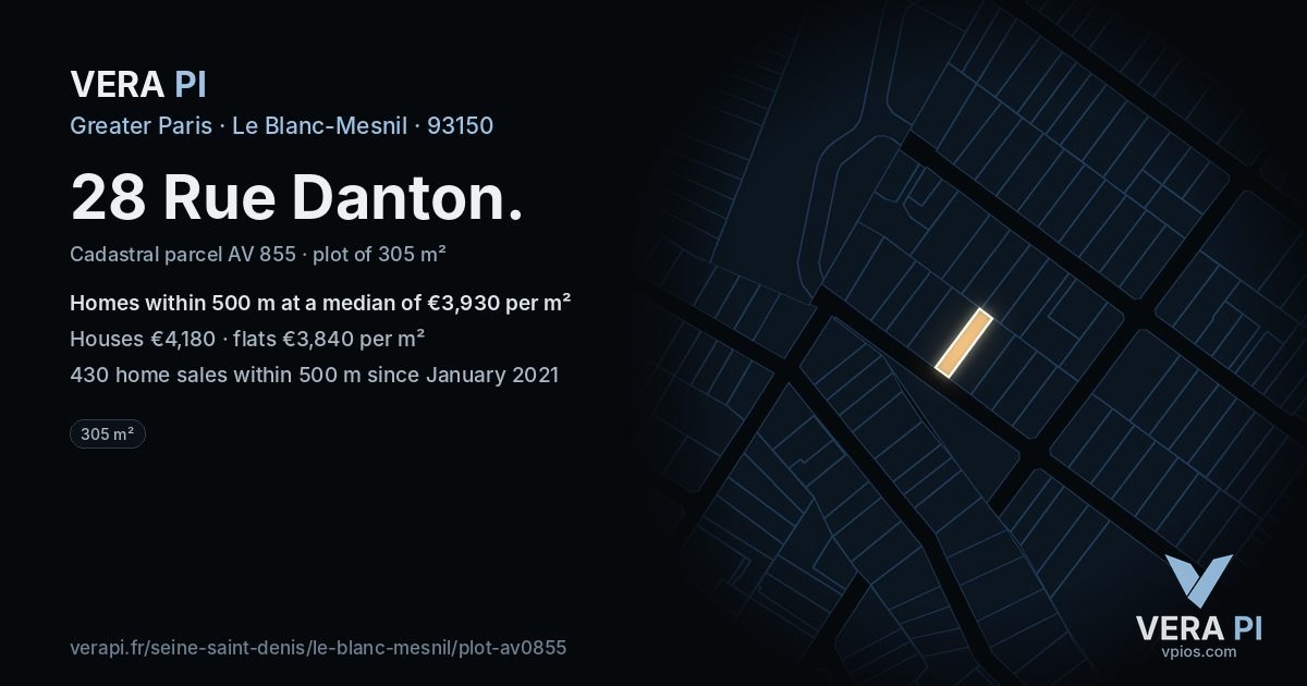 28 Rue Danton, Le Blanc-Mesnil at night – the plot lit, the parcels around coloured by the prices near them