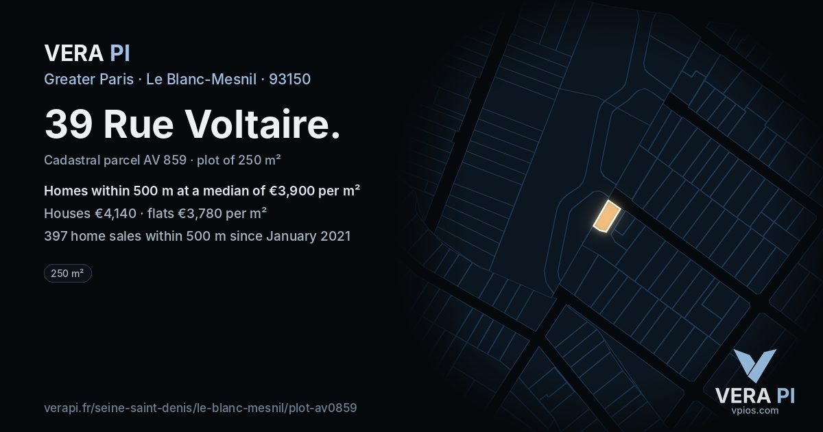 39 Rue Voltaire, Le Blanc-Mesnil at night – the plot lit, the parcels around coloured by the prices near them