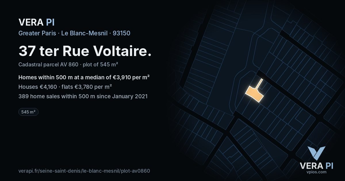 37 ter Rue Voltaire, Le Blanc-Mesnil at night – the plot lit, the parcels around coloured by the prices near them