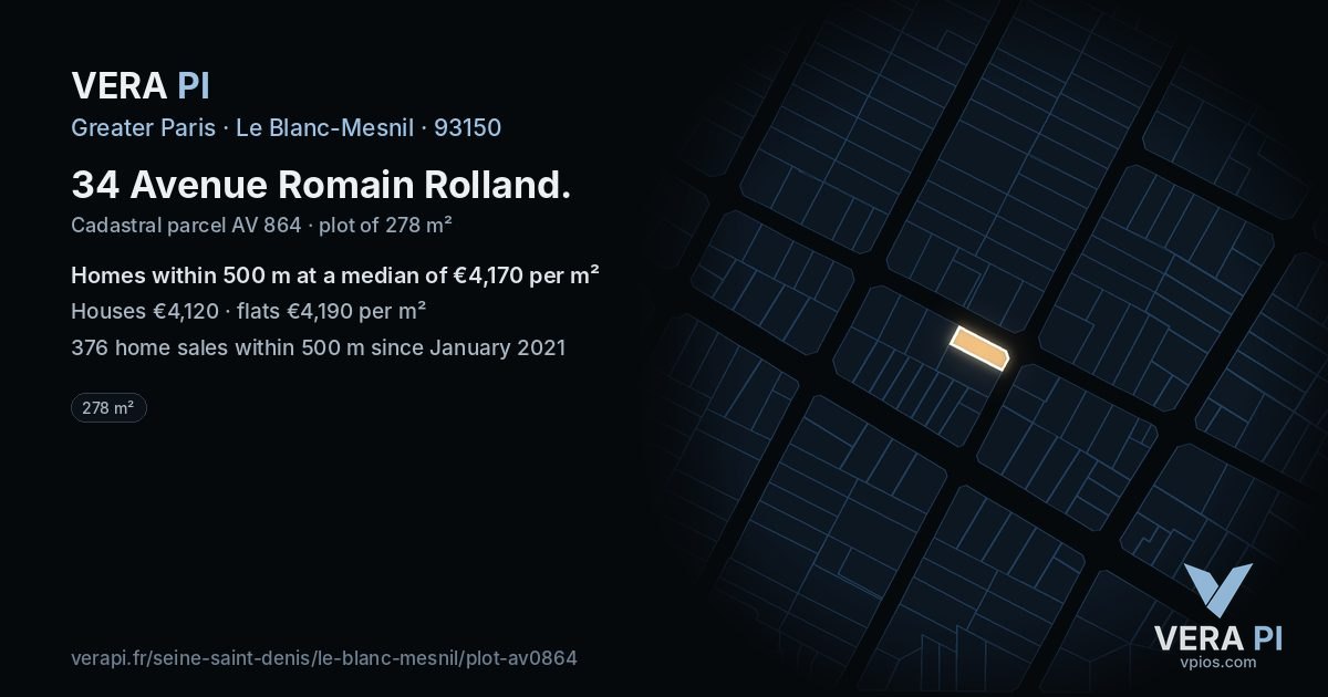 34 Avenue Romain Rolland, Le Blanc-Mesnil at night – the plot lit, the parcels around coloured by the prices near them