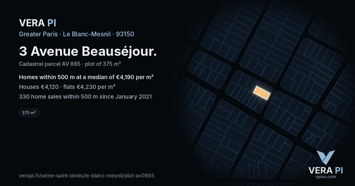 3 Avenue Beauséjour, Le Blanc-Mesnil at night – the plot lit, the parcels around coloured by the prices near them