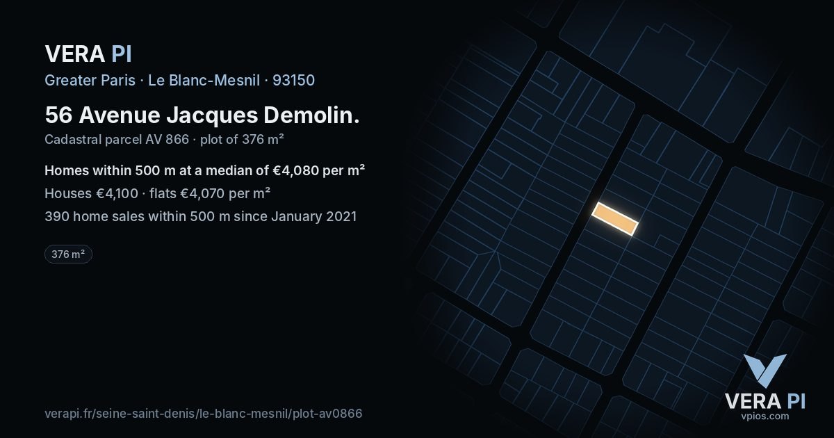 56 Avenue Jacques Demolin, Le Blanc-Mesnil at night – the plot lit, the parcels around coloured by the prices near them