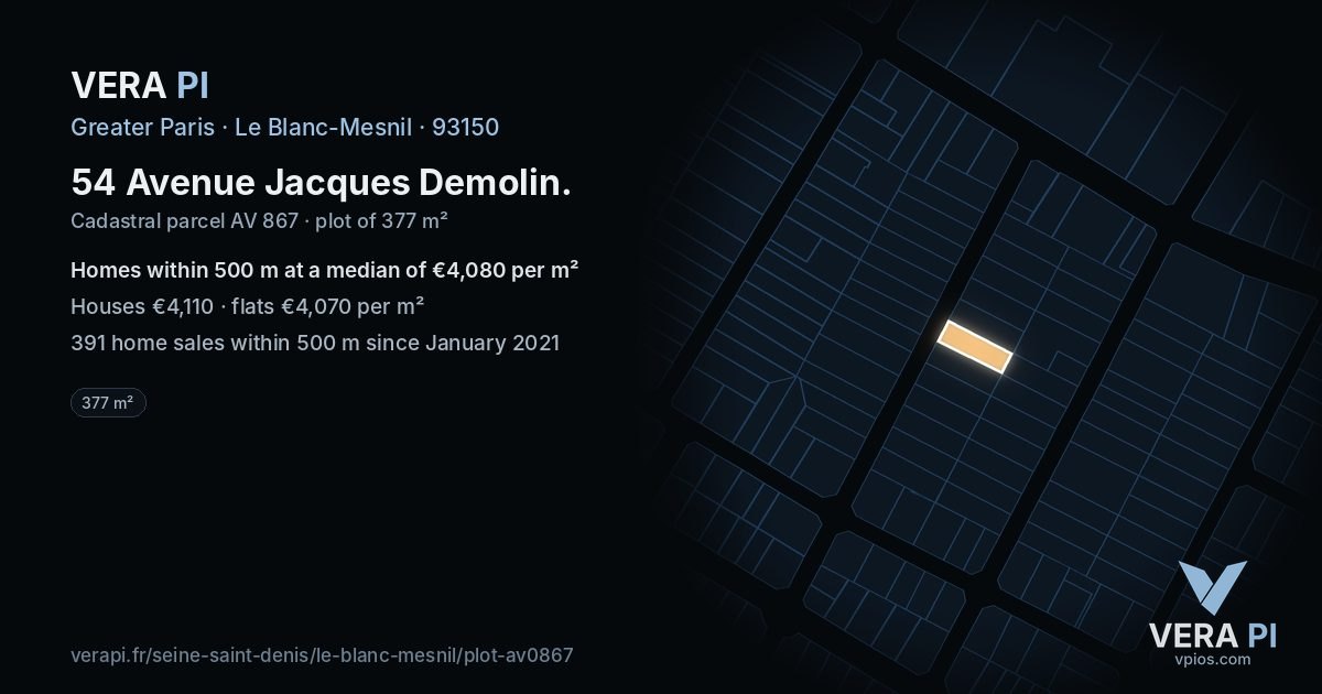 54 Avenue Jacques Demolin, Le Blanc-Mesnil at night – the plot lit, the parcels around coloured by the prices near them