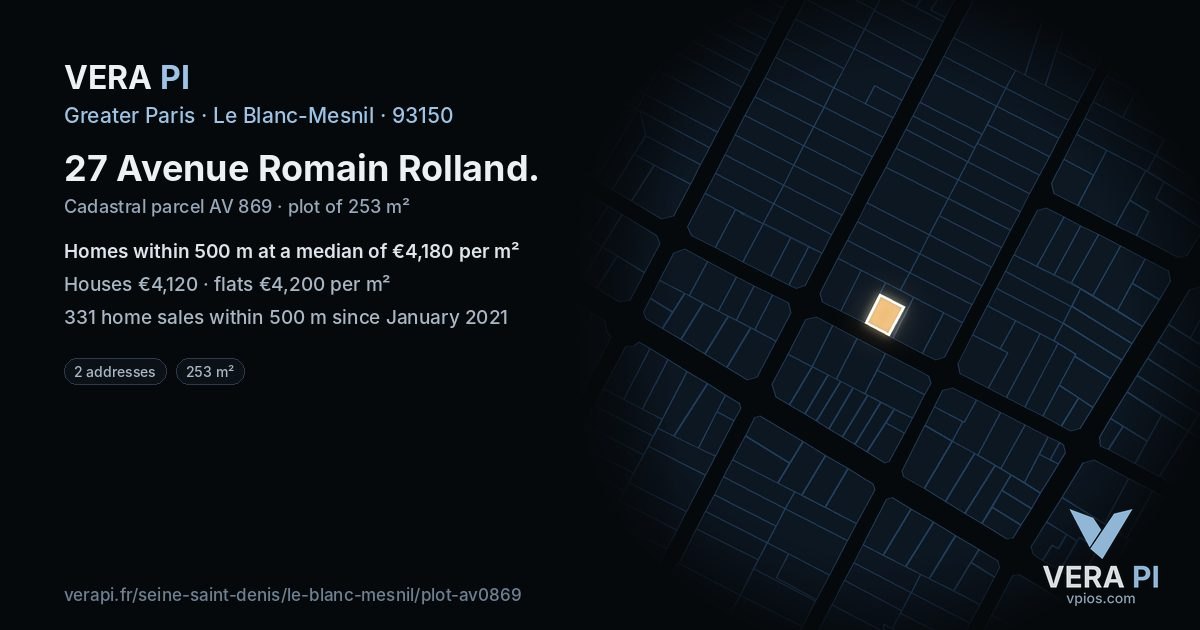 27 Avenue Romain Rolland, Le Blanc-Mesnil at night – the plot lit, the parcels around coloured by the prices near them