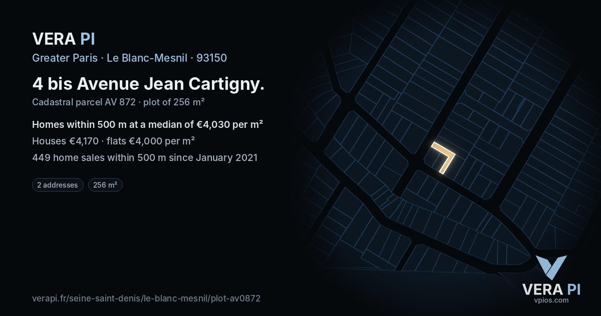 4 bis Avenue Jean Cartigny, Le Blanc-Mesnil at night – the plot lit, the parcels around coloured by the prices near them