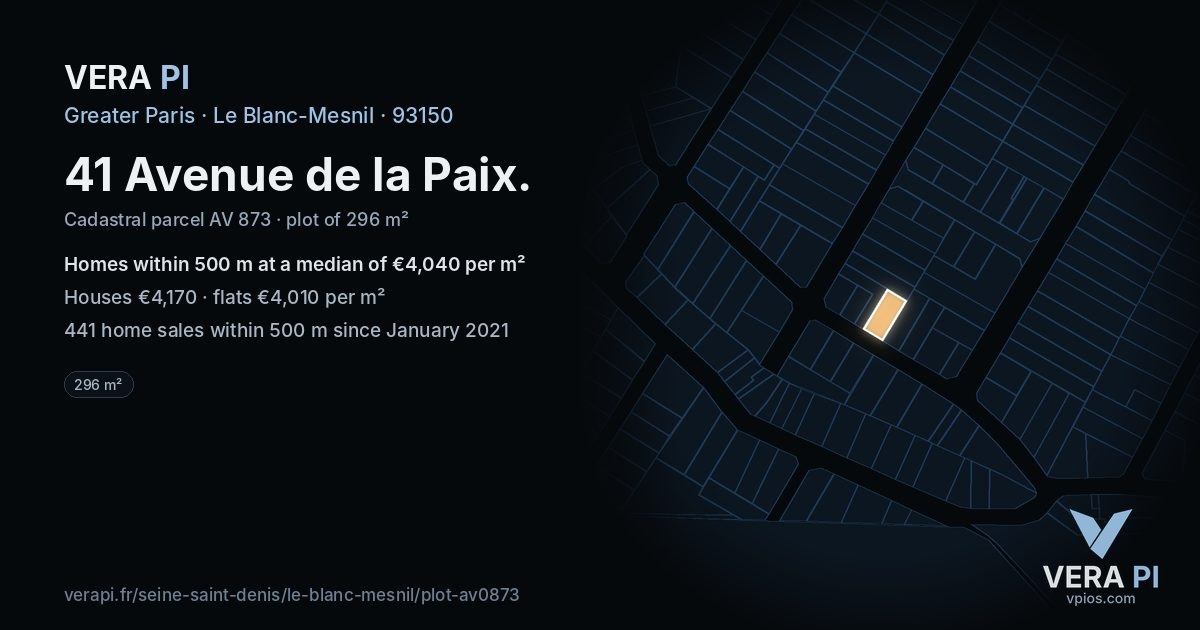 41 Avenue de la Paix, Le Blanc-Mesnil at night – the plot lit, the parcels around coloured by the prices near them
