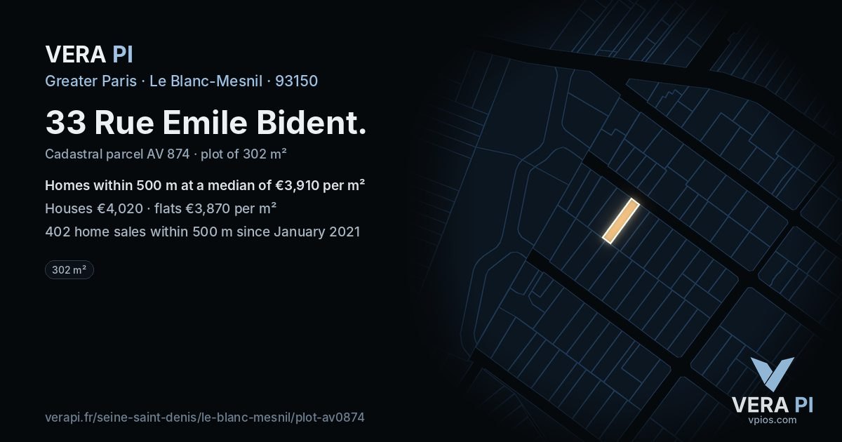 33 Rue Emile Bident, Le Blanc-Mesnil at night – the plot lit, the parcels around coloured by the prices near them