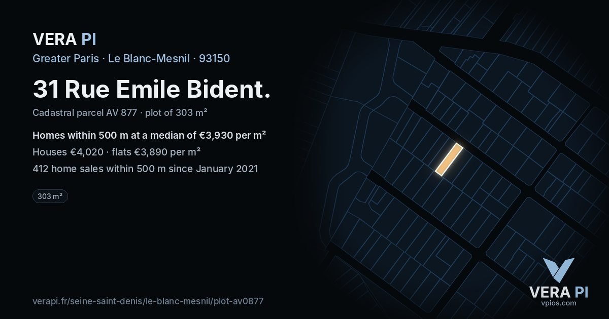 31 Rue Emile Bident, Le Blanc-Mesnil at night – the plot lit, the parcels around coloured by the prices near them