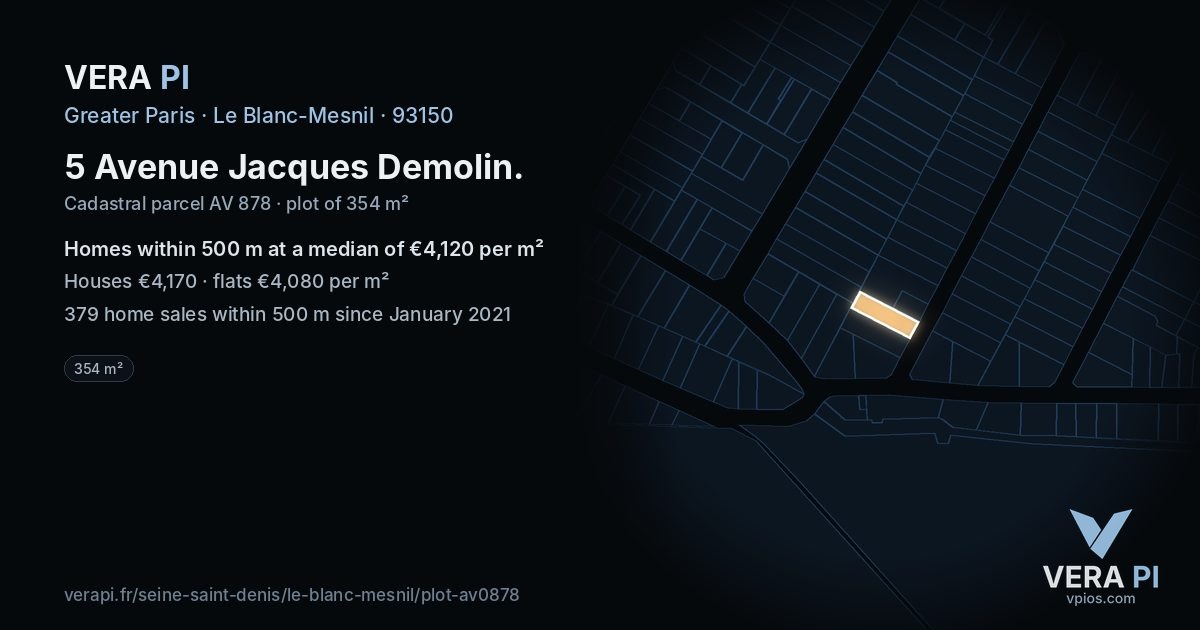5 Avenue Jacques Demolin, Le Blanc-Mesnil at night – the plot lit, the parcels around coloured by the prices near them