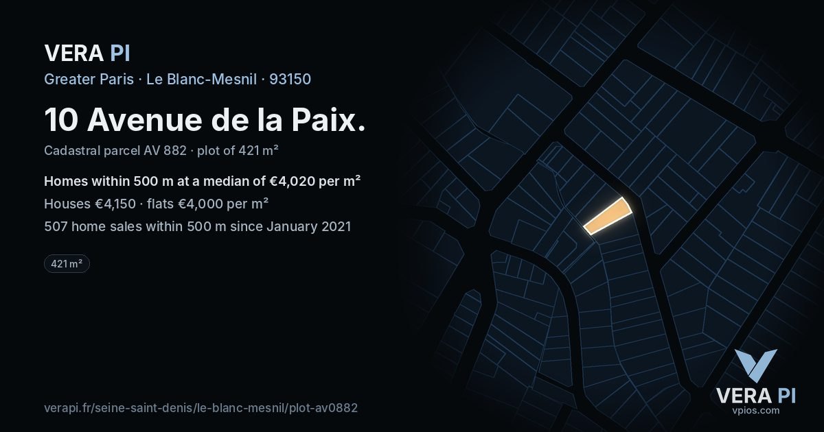 10 Avenue de la Paix, Le Blanc-Mesnil at night – the plot lit, the parcels around coloured by the prices near them