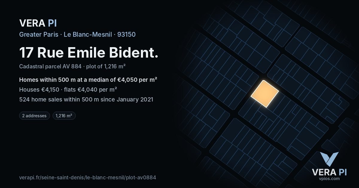 17 Rue Emile Bident, Le Blanc-Mesnil at night – the plot lit, the parcels around coloured by the prices near them